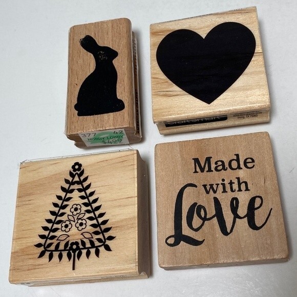 4 New Rubber-stamps with wooden Bases, Tree, Heart, Bunny, “Made With Love” - Picture 1 of 8